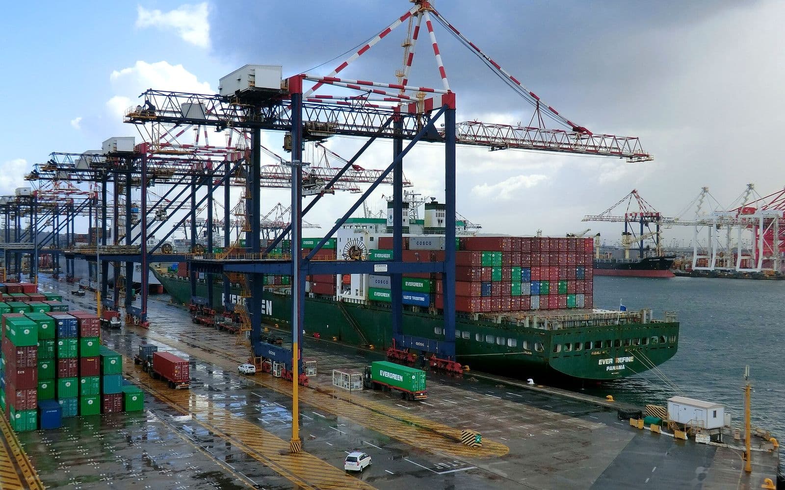 A container terminal seen from the quayside.